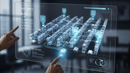 Interactive holographic display showcasing advanced warehouse automation and lead supply management