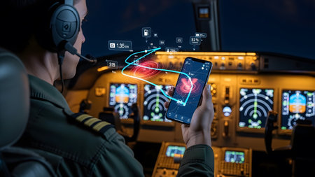 Pilot utilizing advanced mobile technology for real-time data analysis in a modern aircraft cockpit
