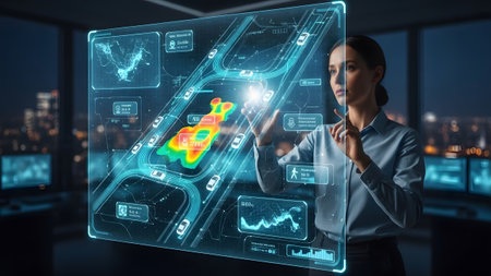 Futuristic urban planning: a woman interacts with advanced holographic city management system