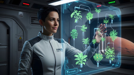 Female astronaut manages advanced plant cultivation on a holographic display in a martian habitatの写真素材