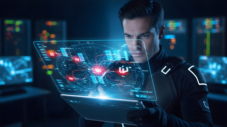 Focused man using futuristic transparent tablet with glowing digital interface for data analysis