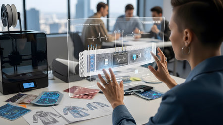 Woman using advanced holographic technology to design a futuristic circuit board in a modern office
