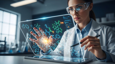 Scientist utilizing advanced holographic technology to analyze molecular structures in a laboratory...