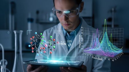 Scientist analyzing complex molecular structures and data with an advanced holographic tablet