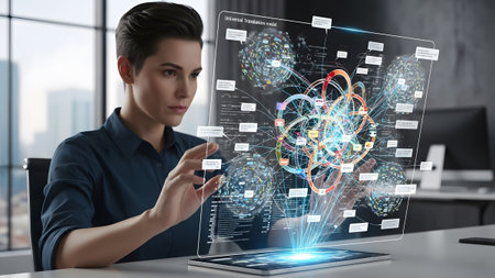 A focused professional interacts with an advanced holographic data visualization