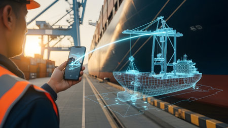 Worker using smartphone with augmented reality to manage smart port logistics and cargo ship...
