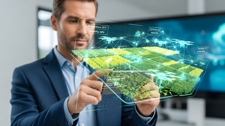 Man analyzes smart farm data through a holographic display for advanced precision agriculture