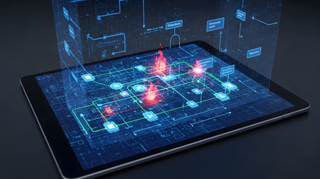 Holographic projection of a digital network analysis with glowing data points on a tablet