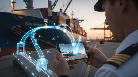 Maritime captain leveraging augmented reality on smartphone for advanced port management