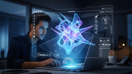 Young professional working with an advanced holographic interface and data visualizationの写真素材
