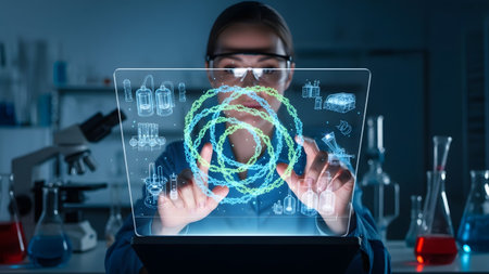Scientist interacting with a holographic dna model in a cutting-edge research laboratory