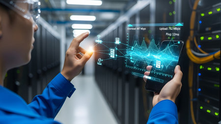 Engineer monitoring network performance with holographic interface in data center