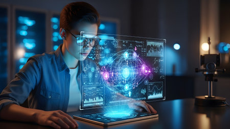 A young person actively engaging with a futuristic holographic data interface on a tablet