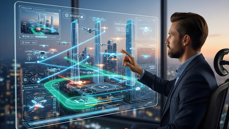 A visionary professional managing future city infrastructure and air traffic with advanced ar...