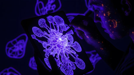 Dark showing artist intricate glowing purple patterns on a tablet in a dark room.の写真素材