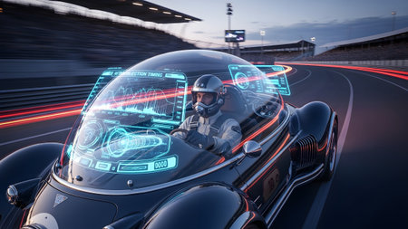 Stock showing driver in racing suit and helmet in a sleek black futuristic car on a race track...の写真素材