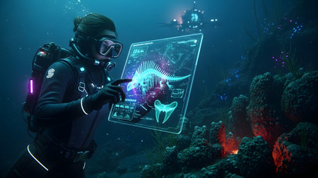 A female diver in a black wetsuit interacts with a glowing blue holographic screen displaying a...の写真素材