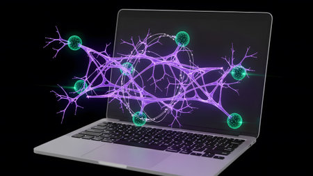 A laptop screen a glowing purple and green holographic neural network with interconnected nodes...の写真素材