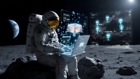 An astronaut on the moon's rocky surface uses a laptop and a holographic map for mission planning.の写真素材