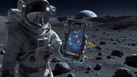 Resources showing astronaut on moon surface holding smartphone displaying augmented reality map...の写真素材
