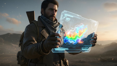 A man with a beard and backpack holds a bright holographic map showing colorful heat signature data.の写真素材