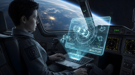 A female astronaut in a gray uniform looks at a holographic display showing satellite data...の写真素材
