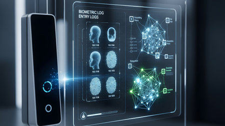 Scanner showing biometric scanner and holographic screen displaying facial and fingerprint scans...の写真素材