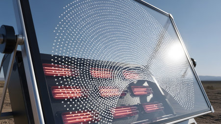 A close-up view of a scientific device featuring a circular arrangement of white lights and...の写真素材