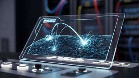 (1437) showing futuristic holographic interface displaying planetary impact simulation on a...の写真素材