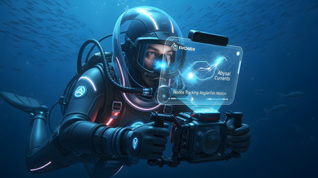 A scuba diver in a futuristic suit uses a holographic interface and camera to analyze abyssal...の写真素材