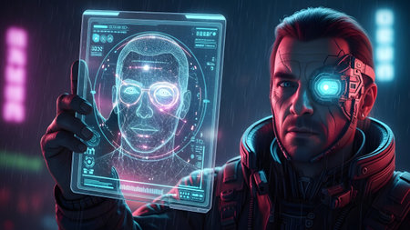 Sci-fi showing futuristic man with cybernetic eye and holographic display of a human face in...の写真素材