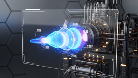 A transparent screen a glowing blue engine cross-section with numerical data overlays....の写真素材