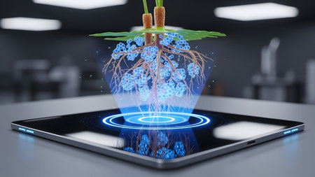 Ppp02 showing holographic projection of carrot roots with glowing blue bacteria on a tablet...の写真素材