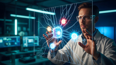 Male showing male scientist touching a vibrant holographic neuron network displaying intricate...の写真素材