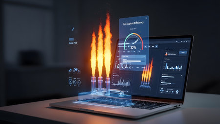 Stock showing laptop screen holographic gas flare efficiency data with flames and industrial...の写真素材