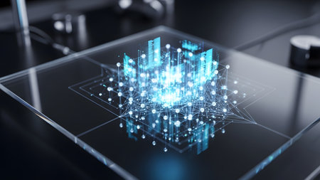 Holographic showing holographic cityscape data network projection on a transparent surface.の写真素材