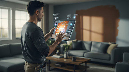 Furniture showing man using tablet to interior with augmented reality overlay of furniture and...の写真素材