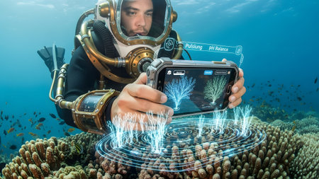 (203) showing man in vintage diving suit uses smartphone to scan coral reef with augmented...の写真素材