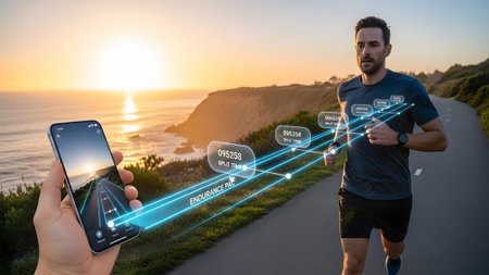 A runner on a coastal road is tracked by a smartphone displaying live performance data andの写真素材