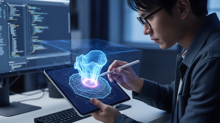 Stylus showing man in glasses using tablet with stylus to interact with holographic 3d data...の写真素材