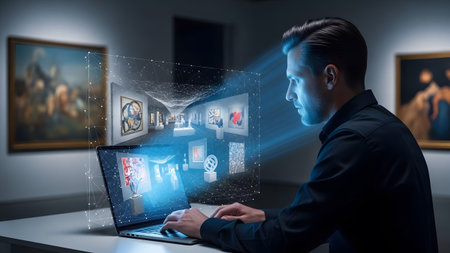 A man uses a laptop to interact with a holographic projection of an gallery, showcasing...の写真素材
