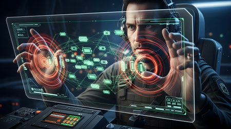 A man wearing headphones and a pilot's uniform interacts with a glowing holographic interface...の写真素材