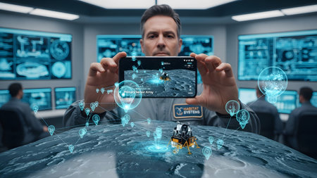 Moon showing man with holographic overlay of lunar mission data and a lander on a moon surface.の写真素材