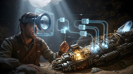 Headset showing man using futuristic vr headset to analyze complex machinery in ancient cave....の写真素材