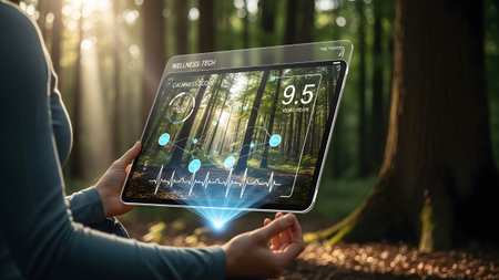 Person holds a tablet displaying a forest scene with a calm score and heart rate graph....の写真素材