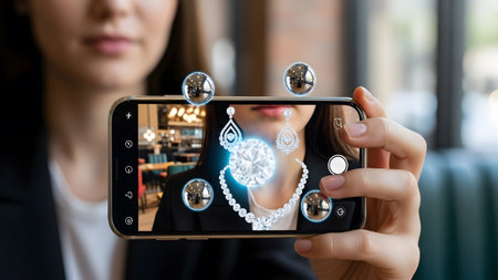 Stock showing smartphone displaying augmented reality diamond jewelry with spheres.の写真素材