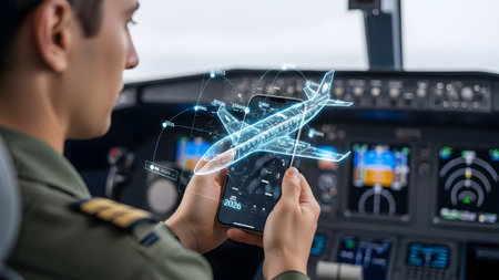 Aircraft showing pilot using smartphone to view holographic airplane model in aircraft cockpit....の写真素材