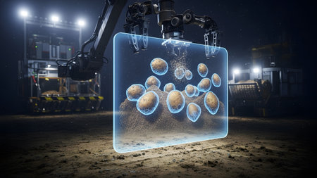 Natural showing robotic arm collecting potatoes from the ground displayed on a holographic...の写真素材