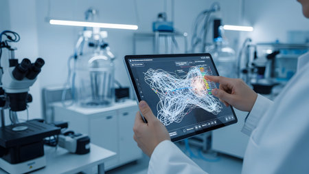 Coat showing scientist in lab coat using tablet displaying complex biological data visualization...の写真素材
