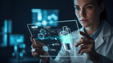 showing scientist analyzing holographic display showing bioreactor and cellular structures...の写真素材